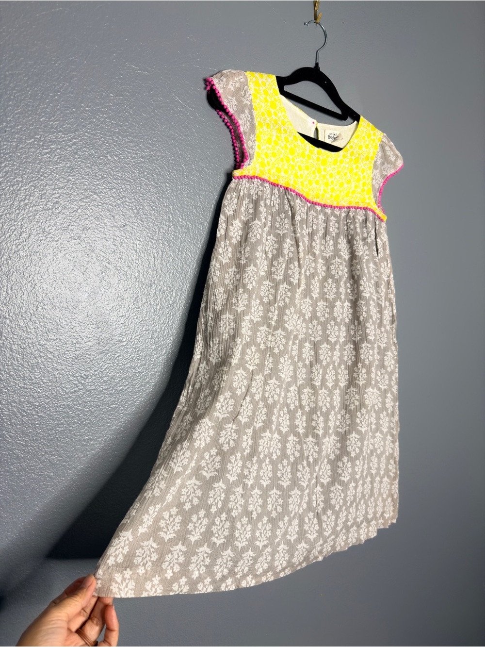 Mini Boden Girls 9-10y Yellow & Gray Floral Cap-Sleeve Cotton Summer Beach Dress